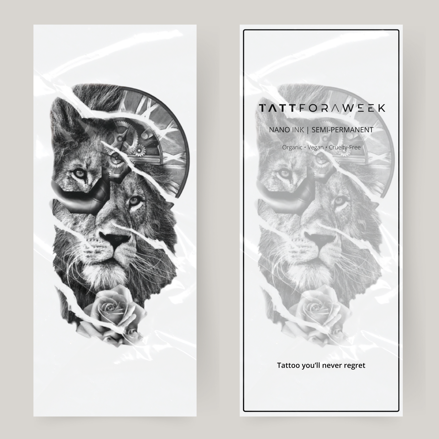 Großes Fake-Tattoo mit Löwe und Uhr