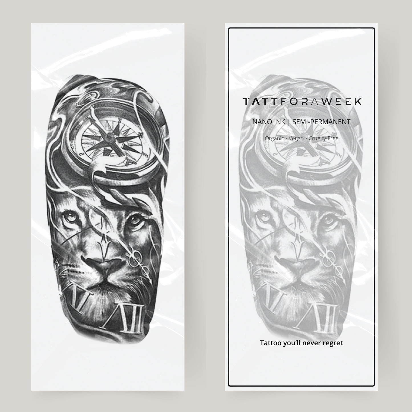 Fake-Tattoo-Ärmel Löwe und Uhr